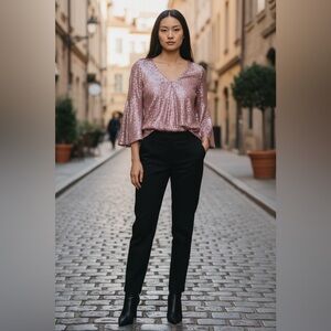 Cable & Gauge Pink Sequin Cold Shoulder Top.